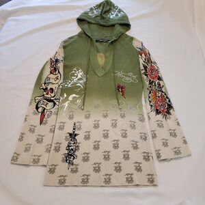 Ed Hardy Jumper Hood Tattoo Print Med Womens Y2k Goth Punk Emo Egirl Butterfly